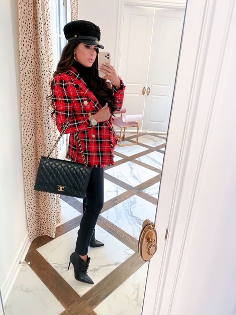 Tweed Blazer Outfit, Red Blazer Outfit, Holiday Ootd, Plaid Blazer Outfit, Emily Ann Gemma, Christmas Blazer, A Year In Review, Trendy Christmas Outfits, The Sweetest Thing