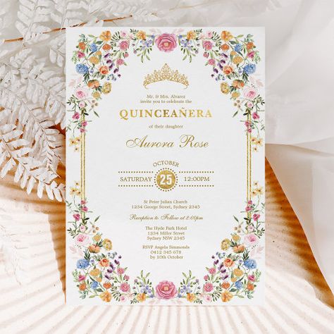 Colorful Wildflower Floral Garden Quinceanera #misquinceanos #quinceanera #sweet1516birthdayparty #modernchicgeometricframe #goldglittercrowntiara #colorfulgardenflowers #springwildflowermeadow #bohopinkpurplebluefloral #royalprincessfiesta #whimsicalvibranttrendyelegant Garden Quinceanera, Elegant Birthday Invitations, Aurora Rose, Quince Invitations, Floral Birthday Invitations, Quinceanera Invitation, Glitter Crown, Modern Birthday, Wildflower Meadow