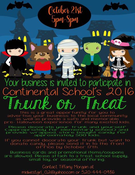 We are excited to support a local school, in being a part of their annual Trunk-Or-Treat. It will be one of our first in person events, please feel free to stop by and ask any questions, or schedul… Trunk Or Treat Contest Categories, Trunk Or Treat School Event, Pto Halloween Event, Trunk Or Treat Event Ideas, Planning A Trunk Or Treat Event, Pta Trunk Or Treat Ideas, How To Host A Trunk Or Treat, Trunk Or Treat Fundraiser, Trunk Or Treat Flyer Ideas