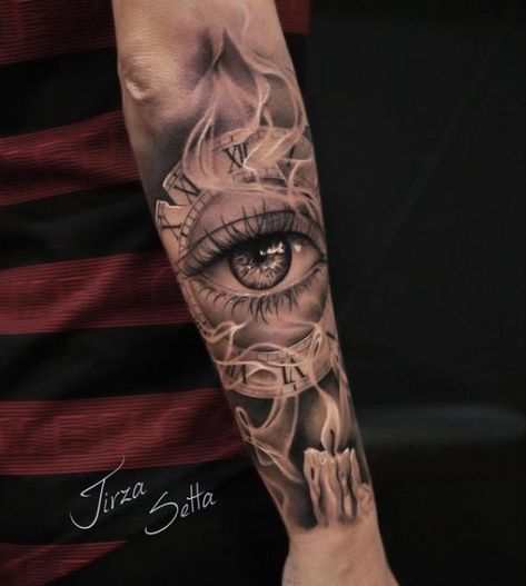 70 Smoke Tattoo Design Ideas with Meaning | Art and Design Eye Forearm Tattoo Men, Eye Clock Tattoo Design For Men, Eye In Clock Tattoo Design, Women Eye Tattoo Ideas, Eye Tattoo Ideas Women Sleeve, Fill Ins For Sleeve Tattoos, Half Arm Sleeve Tattoo For Women Unique, Eye Tattoo With Clock, Forearm Eye Tattoo