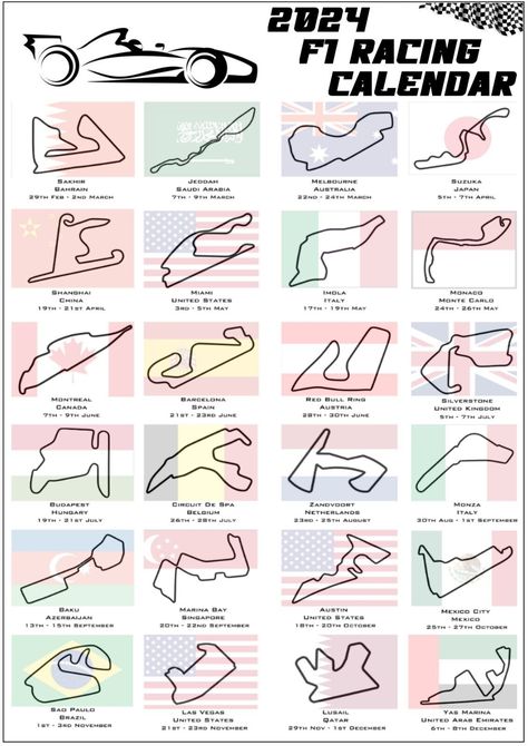 Formula 1 Racing Schedule A simple easy to follow racing schedule for the 2024 season. A4 and A3 coloured card options are printed on matt coated card  A4 black and white plain paper is on standard 80gsm copier paper.  Please ensure you select the correct item from the drop down menu A3 will be sent folded in order to keep the postage cost low so there maybe a slight crease down the centre High quality inks F1 2024 Calendar, Black And White Plain, F1 Calendar, F1 2024, Schedule Calendar, Formula 1 Racing, F1 Wallpaper Hd, Formula 1 Car Racing, F1 Poster