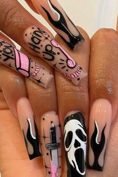 #GlamPinkNails #HalloweenNailArt #SpookyStyles #SweetNailDesigns #PinkNails #NailInspiration #HalloweenManicure #ChicHalloween Nails Nightmare Before Christmas, Before Christmas Nails, Scary Design, Halloween Nail Art Easy, Nightmare Before Christmas Nails, Press On Nails Long, Halloween Nails Easy, Halloween Press On Nails, Minimalist Nail Art