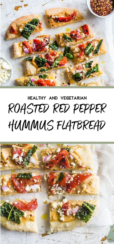 Vegetarian Flatbread Recipes, Gourmet Sandwiches Recipes, Hummus Flatbread, Vegetarian Flatbread, Flatbread Toppings, Vegetarian Snack, Vegetarian Roast, Pepper Hummus, Roasted Red Pepper Hummus