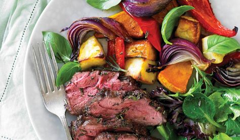 Lamb and balsamic vege Lamb Rump Steak Recipes, Rump Steak Recipes, Balsamic Roasted Vegetables, Oscar Looks, Lamb Rump, Rosemary Lamb, Haloumi Recipes, Lamb Salad, Lamb Steaks