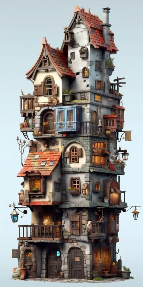 Cool Fantasy Houses, Fantasy Buildings Concept Art, Medieval Fantasy Architecture, Sims 4 Wizard House, Fantasy Buildings Art, Steampunk House Concept Art, Medieval Building Concept Art, Steampunk Building Concept Art, Fantasy House Drawing