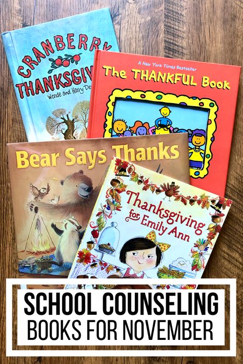 Use books in your school counseling lessons this November to celebrate Thanksgiving and Veteran’s Day with your students, as well as to encourage gratitude and thankfulness. These books will add seasonal fun to your counseling lessons while promoting conversation about important social-emotional themes. #CounselorChelsey #SchoolCounseling #Thanksgivingforkids #Bibliotherapy School Counseling Ideas, School Counseling Books, Character Education Lessons, Gratitude Book, School Counseling Activities, November Books, Emotional Books, Thanksgiving Books, Prevention Month