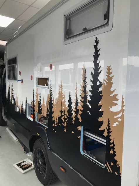 Camper Graphics Ideas, Mini Camper Decorating Ideas, Rv Graphics Ideas, Rv Decals Graphics Vinyls, Rv Exterior Paint Designs, Camper Painting Exterior, Exterior Camper Makeover, Camper Exterior Paint Ideas, Rv Exterior Remodel