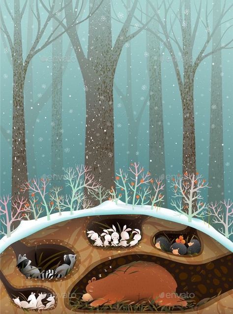 Cute Animals Wallpaper, Underground Illustration, Forest Animals Illustration, Christmas Illustration Design, Animals Sleeping, Illustration For Kids, Art For Children, Sleeping Animals, Wallpaper Illustration