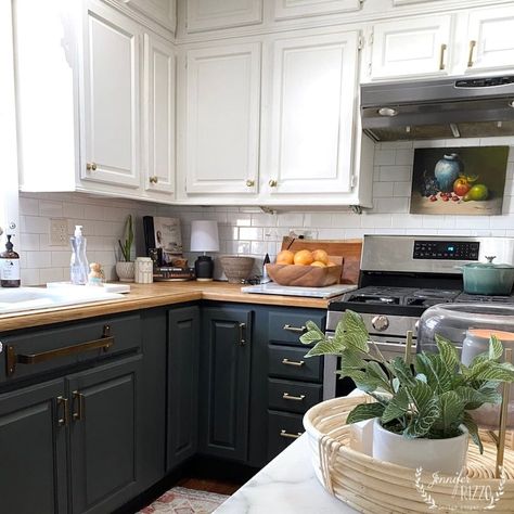 Dark Green Lower Kitchen Cabinets, Green Lower Cabinets White Upper, Green Bottom Kitchen Cabinets, Dark Lower Cabinets Light Upper, Green Lower Kitchen Cabinets, Dark Lower Cabinets, White Upper Cabinets, Spring Kitchen Decor, Dark Green Kitchen