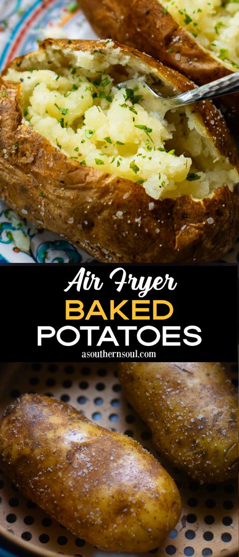 Make the BEST Baked Potatoes ever in the Air Fryer! These potatoes are tender and flakey on the inside with an amazing super crispy skin. Keep them simple with butter, salt, and pepper or load them up with your favorite toppings for a side dish that’s outstanding. Baked Potatoes Air Fryer, Potatoes Air Fryer, Best Baked Potato, Air Fryer Baked Potato, Air Fried Food, Air Fryer Oven Recipes, Air Fry Recipes, Cooking Sweet Potatoes, Best Air Fryers