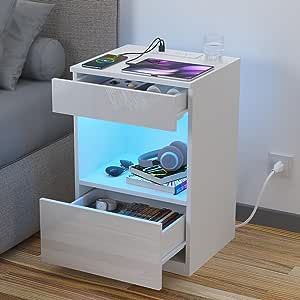 Nightstand With Shelf, White Night Stand, White Night Table, Led Bedside Table, Side Tables For Bedroom, Shelf Nightstand, Sliding Drawers, Nightstand With Charging Station, Black Nightstand