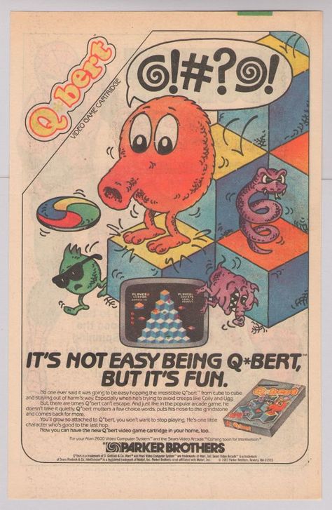 Q-BERT video game '80s PRINT AD Parker Brothers vintage advertisement Qbert 1983   #ArcadeGames #Qbert #1980s Rubicks Cubes, Wonder Man, Nostalgic Memories, Feeling Nostalgic, Vintage Video Games, Bowling Alley, Conan The Barbarian, Classic Video Games, Childhood Nostalgia