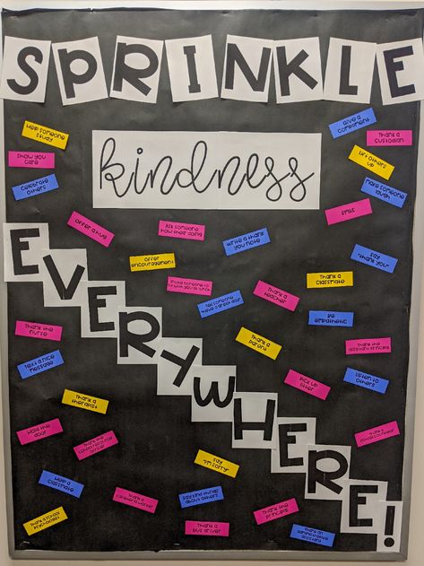 Sprinkle Kindness Everywhere Bulletin Board Kindness Counts Bulletin Board, Act Of Kindness Bulletin Board Ideas, Kindness Matters Bulletin Board, Kindness Is Cool Bulletin Board, Linked Together By Kindness And Love Bulletin Board, Positivity Boards At Work, Bulletin Board Ideas Kindness, Sprinkle Kindness Like Confetti Bulletin Board, Cute Bulletin Board Ideas For School