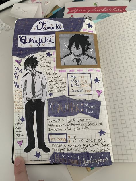 Journal Character Page, Character Journal Ideas, Character Page, Anime Notebook, Character Journal, Tamaki Amajiki, Sims 4 Anime, Bullet Journal Banner, Anime Journal