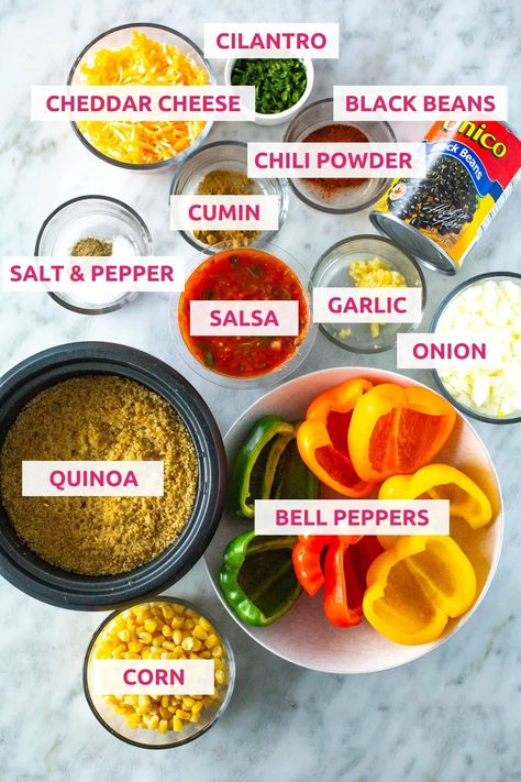 These Vegetarian Stuffed Peppers are easy to make and so delicious! They have a delicious Mexican-inspired quinoa and black bean filling. Stuffed Peppers Quinoa, Black Bean Stuffed Peppers, Bean Stuffed Peppers, Black Bean And Rice, Rice Stuffed Peppers, Bean And Rice, Mexican Black Beans, Vegetarian Stuffed Peppers, Quinoa Stuffed Peppers