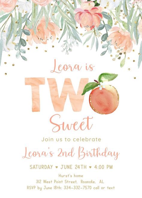 Two Peachy Birthday, Peach Second Birthday Party, 1st Birthday Peach Theme, Peaches Birthday Theme, Peach First Birthday Invitation, Growing Up Too Fast, Sweet Peach, Beach Party, 2nd Birthday Parties