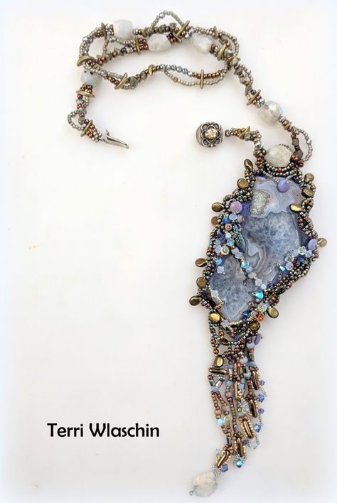 Necklace, bead embroidered, Jewelry, Moonstone, druzy quartz, citrine, Gemstone necklace, Terri Wlas Bead Embroidered Pendant, Beaded Designs, Wire Wrapped Stone Jewelry, Embroidered Jewelry, Embroidery Bracelets, Embroidered Necklace, Beaded Necklace Designs, Dance Jewelry, Necklace Bead