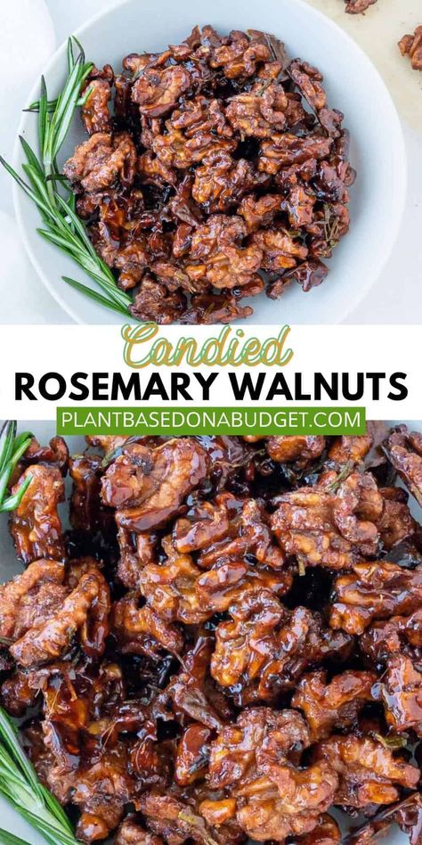 Enjoy this Sweet Rosemary Walnuts snack or as a topping on your favorite salads and desserts. It's the absolute best! #plantbasedonabudget #rosemary #walnuts Rosemary Walnuts Recipe, Carmelized Walnuts, Hungryroot Recipes, Candied Rosemary, Candied Walnut Recipe, Caramelized Walnuts, Spiced Walnuts, Plant Based Snacks, Walnut Recipes