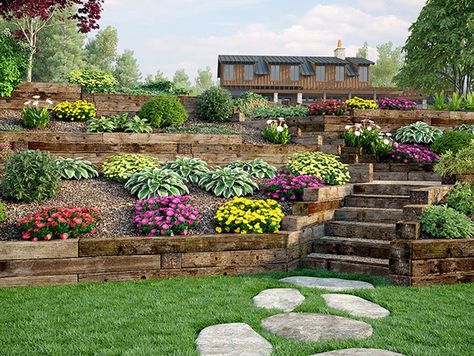 Backyard Hill Landscaping, Entryway Landscaping, Ranch Landscaping, Backyard Retaining Walls, Cottage Patio, Sloped Backyard Landscaping, Terraced Landscaping, Landscaping A Slope, Landscaping On A Hill