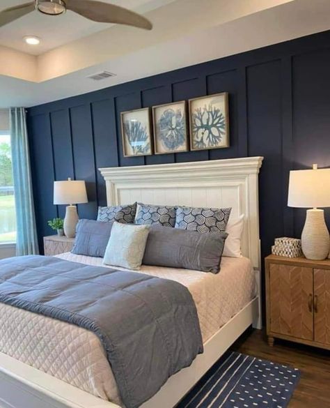 Blue Accent Wall, Navy Bedrooms, Blue Bedroom Walls, Navy Blue Bedrooms, Blue Accent Walls, Navy Blue Walls, Decorating Kitchen, Blue Panels, Living Room Corner