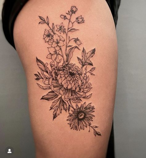 Tattoo Painting Ideas, Aster Tattoo, Chrysanthemum Flower Tattoo, Aster Flower Tattoos, Gladiolus Tattoo, Marigold Tattoo, Tattoos 2022, Valley Tattoo, I Want A Tattoo