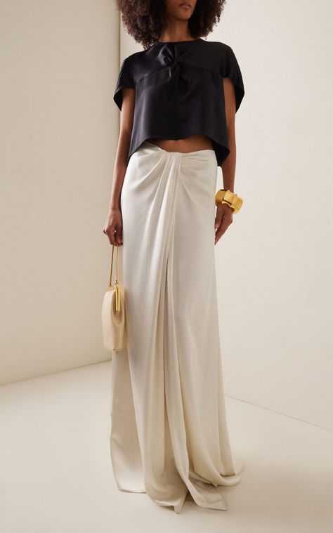 MODA OPERANDI: HEIRLOME Cropped Silk Satin Top and Draped Silk Satin Maxi Skirt… Maxi Skirt Wedding Outfit, Silk Maxi Skirt Outfit, Silk Top Outfit, Long Silk Skirt, Maxi Skirt Fall, Satin Skirt Outfit, Satin Maxi Skirt, Silk Maxi Skirt, Tailored Clothes