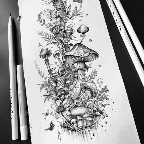 Cool Nature Tattoos, Forest Tattoo, Cool Nature, Black Cat Tattoos, Mushroom Tattoos, Military Tattoos, Wicked Tattoos, Tattoos For Women Half Sleeve, Cloud Tattoo