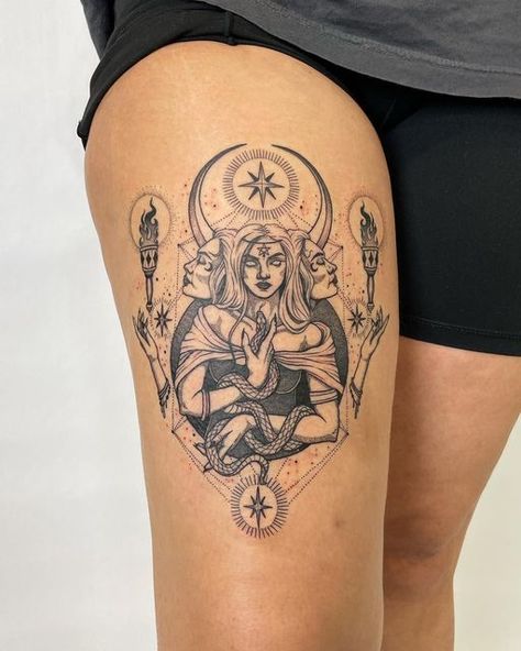 - P H I A - on Instagram: "Hecate Goddess of magic ✨ Thank you, Erin! This one was so fun! #hecate #blackworktattoo #dotworktattoo #nyctattoo #witchytattoo #mythologytattoo" The Triple Goddess Tattoo, Powerful Goddess Tattoo, Hekate Tattoo Ideas, Lilith Tattoo Goddesses, Hekate Tattoo Triple Goddess, Lilith Tattoo Design, Triple Goddess Tattoo, Hekate Tattoo, Bristol Tattoo