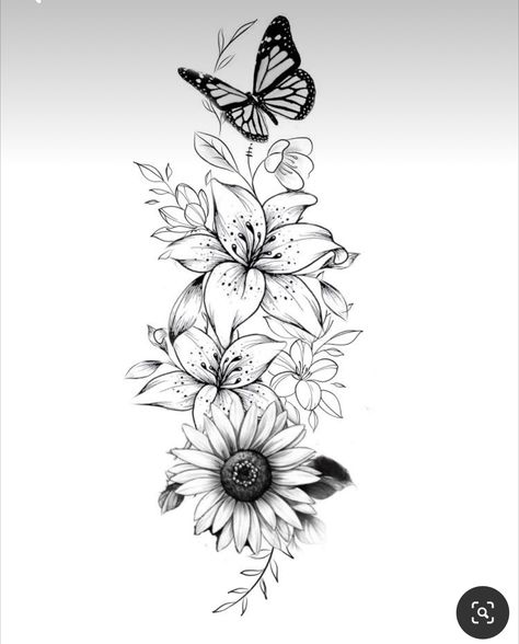 Thigh Tattoos Floral, Tropisches Tattoo, Women Outline, Tattoos Floral, Unique Half Sleeve Tattoos, Sunflower Tattoo Sleeve, Floral Thigh Tattoos, Hip Thigh Tattoos, Outline Tattoo