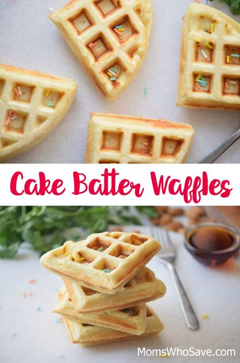 Cake Batter Waffles | MomsWhoSave.com #recipes #breakfast Cake Batter Waffles, Waffles With Strawberries, Waffles From Scratch, Grill Sandwich, Waffle Ingredients, Cake For Breakfast, Breakfast Ingredients, Waffles Recipe, Waffles Maker