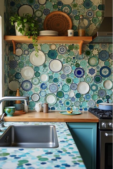 Ceramic plate mosaic kitchen backsplash in blue and green Kitchen Backsplash Ending, Kitchen Backsplash Colorful, Teal Kitchen Backsplash, Vintage Kitchen Backsplash Ideas, Colorful Kitchen Backsplash Ideas, River Rock Backsplash, Kitchen Mosaic Backsplash, Ceiling Tile Backsplash, Pressed Tin Tiles