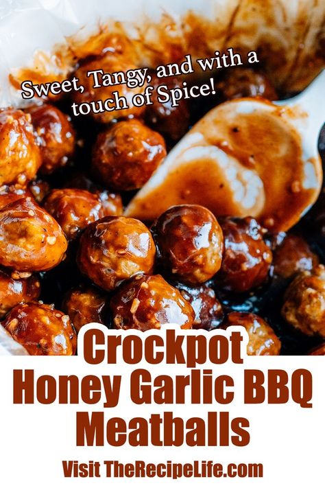 A serving spoon in a crockpot full of meatballs covered in a thick and savory honey garlic sauce. Bbq Meatball Dinner Ideas, Honey Bbq Sauce Recipe, Bbq Meatball Recipe, Honey Garlic Meatballs, Garlic Meatballs, Crockpot Meatballs, Bbq Appetizers, Meatball Dinner, Bbq Meatballs