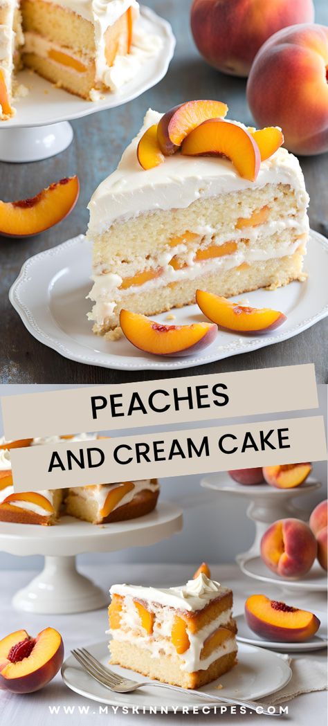 Transport yourself to a summer paradise with our irresistible Peaches and Cream Cake! This divine dessert boasts layers of moist vanilla cake filled with creamy frosting and juicy peaches, creating a symphony of flavors in every bite. Perfect for picnics, parties, or simply indulging in a slice of sunshine, this cake is sure to become a favorite recipe in your collection. Dive into summer bliss with our Peaches and Cream Cake today! Peach Cream Cheese Dessert, Peaches And Cream Cake Recipe, Peaches And Cream Cake, Ms Recipes, Cream Cake Recipe, Cream Cheese Topping, Fluffy Cake, Cake Base, Juicy Peach