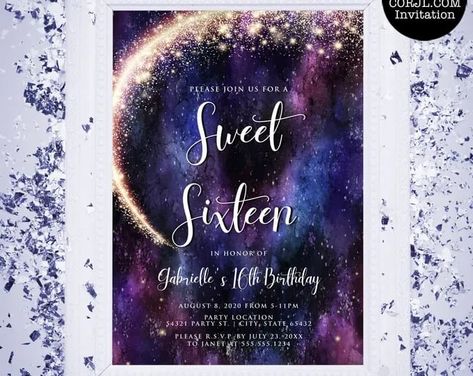 Galaxy Sweet Sixteen Party Invitation, Sweet 16 Printable Invitation, Printable Sweet 16 Invitations, Purple Sky Invitations, Stars Sweet 16 Galaxy Themed Sweet 16, Galaxy Sweet 16 Party Ideas, Galaxy Sweet 16, Sweet 16 Purple, Invitation Sweet 16, Sweet Sixteen Party, Birthday Boards, Carnival Invitations, Galaxy Wedding