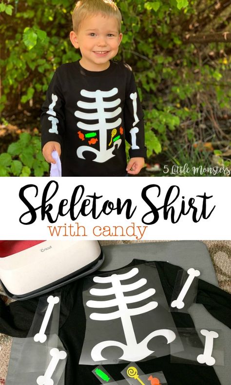 Toddlers will love this Halloween shirt, a skeleton with a tummy full of candy, all cut out on a Cricut. Cricut Skeleton Costume, Toddler Skeleton Costume Girl, Cricut Costume Ideas, Diy Skeleton Costume Kids, Diy Halloween Shirts For Kids, Skeleton Shirt Diy, Cricut Costume, Cricut Halloween Costume, Toddler Skeleton Costume