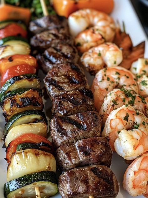 health meal, low carbs meals, keto meal Shrimp And Steak Kabobs On The Grill, Air Fryer Steak And Shrimp Kabobs, Shrimp Surf And Turf, Steak And Shrimp Kabobs In Oven, Prawn Kebabs Skewers, Food To Grill Ideas, Surf And Turf Dinner Party, Steak Kabobs In The Oven, Shrimp Kabobs On The Grill