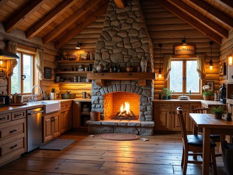 6+ Rustic Cabin Kitchen with Stone Fireplace Ideas - Dear Adam Smith Rustic Kitchen With Fireplace, Kitchen With Fireplace Sitting Area, Kitchen Banquet Seating, Lodge Kitchens, Tuscan Inspired Kitchen, Fireplace In The Kitchen, Barndo House, Stone Fireplace Ideas, Rustic Cabin Kitchen