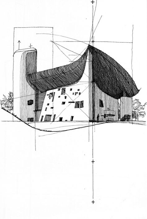 Ronchamp (Le Corbusier - France), Pen and ink on paper, 2007 Le Corbusier Architecture Sketch, Le Corbusier Drawings, Ronchamp Le Corbusier, Corbusier Architecture, Le Corbusier Architecture, Villa Savoye, Perspective Drawing Architecture, Plans Architecture, Architectural Sketch