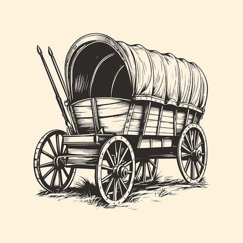 Covered Wagon Tattoo, Wagon Drawing, Wagon Illustration, Covered Wagons, Horse Drawn Wagon, Not Musik, Doodle Images, Rdr 2, Doodle Style