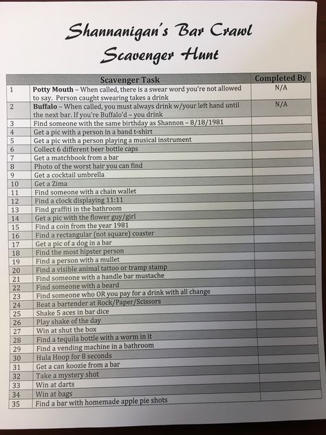 Bar Hopping Scavenger Hunt, Bar Scavenger Hunt Pub Crawl, Birthday Bar Crawl Scavenger Hunt, Pub Crawl Challenges, Pub Crawl Scavenger Hunt, Birthday Bar Crawl Ideas, Pub Crawl Themes, Bar Scavenger Hunt Ideas For Adults, Bar Crawl Ideas