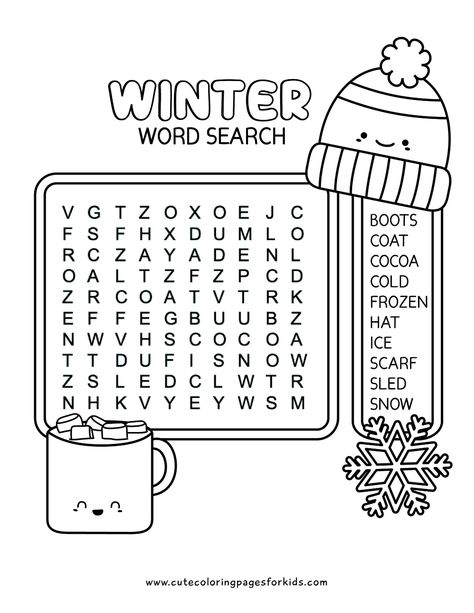 winter word search puzzle in black and white with winter characters, such as hot cocoa, a winter hat, and a snowflake Simple January Crafts For Kids, January Word Search For Kids, Winter Word Search Free Printable Kids, Winter Educational Activities For Kids, Winter Wordsearch Free Printable, Winter Activity For Kindergarten, Winter Worksheets 1st Grade, Winter Activity Pages Free Printables, Second Grade Word Search