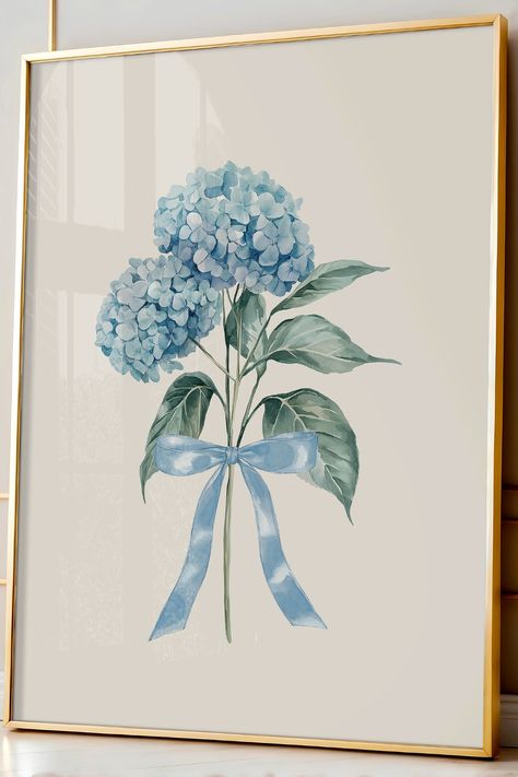 Blue Hydrangeas Print, Blue Bow Cottagecore Decor, Hydrangea Painting, Light Blue Wall Art, College Dorm Decor, Vintage Floral Print  Bring timeless charm to your space with this hydrangea blue bow print. Perfect for cottagecore lovers and coquette room decor, this vintage floral print adds a soft, charming touch to your apartment or college dorm decor. Perfect for anyone embracing the coastal grandma aesthetic, this flower poster is a dreamy blend of classic and contemporary styles! Baby Blue Aesthetic Vintage, Hydrangeas Aesthetic, Light Blue Wall Art, Wall Art College, Grandma Aesthetic, Blue Flower Art, Hydrangeas Art, Hydrangea Blue, College Dorm Decor