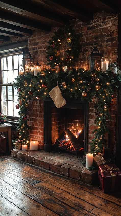 Immerse yourself in cozy Christmas charm! 🎄✨ A rustic brick fireplace adorned with lush green garlands and twinkling lights sets the perfect holiday mood. Candles flicker gently as a stocking hangs with care, ready for Santa's surprises. 🎅🏼🔥 Feel the warmth of the season! ❤️ #Christmas #cozy #fireplace #rustic #holiday #decor #warmth #festive #charm #garland #lights #stocking #candles #seasonal #joy English Country Christmas, Christmas Mantle Decor Fireplaces, Fireplace Christmas Decorations, Christmas Fireplaces, Mantel Christmas, Christmas Fireplace Mantels, Country Christmas Trees, Christmas Mantel Decor, Mantel Decor Ideas