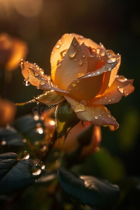 Beautiful rose bush with dew drops in the morning light. AI Generated royalty free stock photo Water Drops On Flowers, Roses With Dew Drops, Dew Drops Aesthetic, Morning Dew Aesthetic, Roses With Water Drops, Dew Drops On Flowers, Dew Aesthetic, Rose With Water Drops, Forest Biome