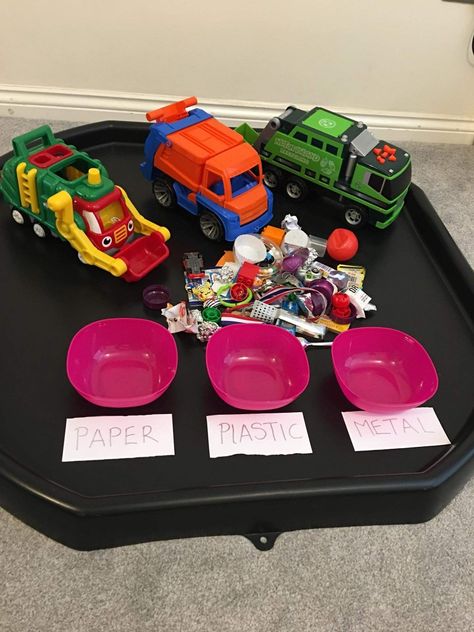 Occupation Tuff Tray, Sustainability Activities Kindergarten, Eyfs Recycling Activities, Materials Tuff Tray, Recycling Eyfs Activities, Recycling Tuff Tray, Utw Eyfs Activities, Earth Day Tuff Tray, Earth Day Tuff Tray Ideas