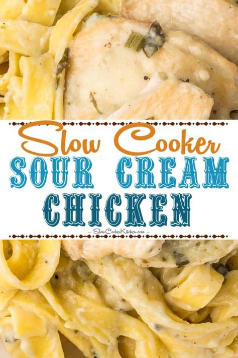 Crockpot Sour Cream Chicken Breast Recipe | Slow Cooker Kitchen Crock Pot Sour Cream Chicken, Chicken Sour Cream Recipes, Chicken Breast Recipes Slow Cooker, Cream Chicken Recipes, Slow Cooker Kitchen, Chicken Breast Slow Cooker, Chicken Breast Crockpot Recipes, Crockpot Chicken Breast, Cream Chicken