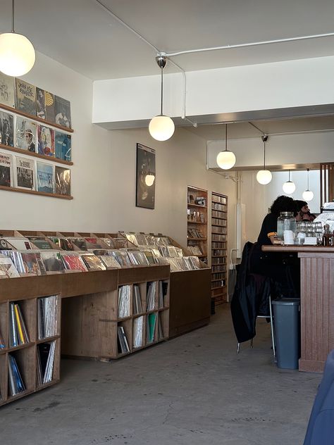 Cafe Shop Aesthetic Korean, Vinyl Records Coffee Shop, Music Themed Coffee Shop, Vinyl Cafe Aesthetic, Record Store Coffee Shop, Record Store Cafe, Vinyl Coffee Shop, Record Shop Aesthetic, Aesthetic Records