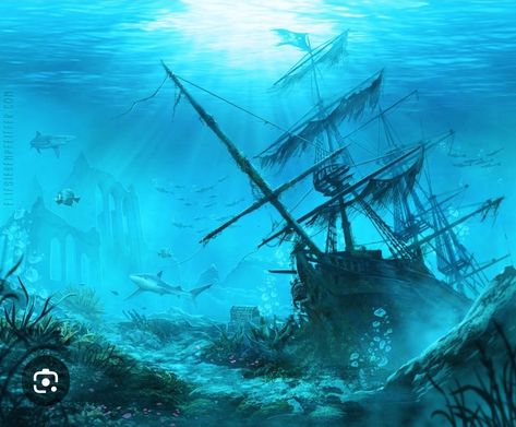 Sunken Ship Art, Shipwreck Silhouette, Shipwreck Art, Aesthetic Underwater, Boat Underwater, Marine Illustration, Underwater Shipwreck, Underwater Drawing, Sunken Ship