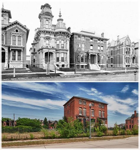 Abandoned Detroit street before and after. It's so sad to see all of those beautiful houses gone. Abandoned Mansion For Sale, Abandoned Detroit, Detroit History, Abandoned Homes, Walls Could Talk, Forgotten Places, Abandoned Mansions, Historical Images, Motor City