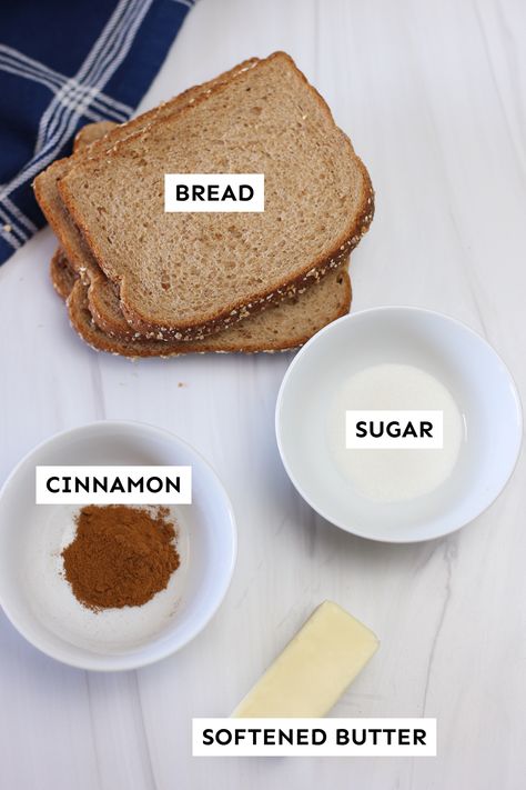 Labeled ingredients for cinnamon toast. Cinnamon Toast Recipe Easy, Cinnamon And Sugar Toast, How To Make Cinnamon Toast, Homemade Cinnamon Toast, Cinnamon Sugar Toast, Bread Soft, Toast In The Oven, Bread Toast, Cinnamon Toast